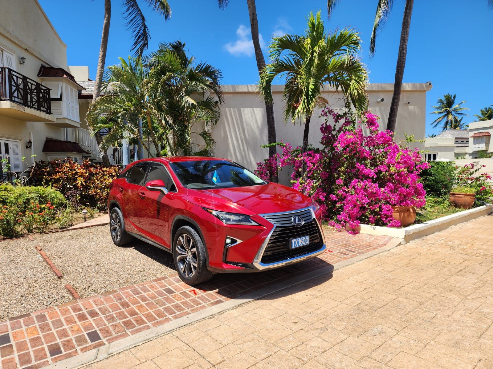 Lexus RX parked at a villa surrounded by tropical flowers